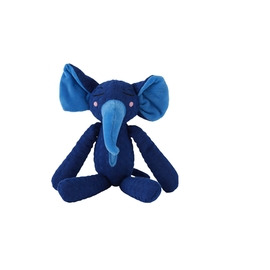 Elephant dog toy with navy body and light blue details, front view