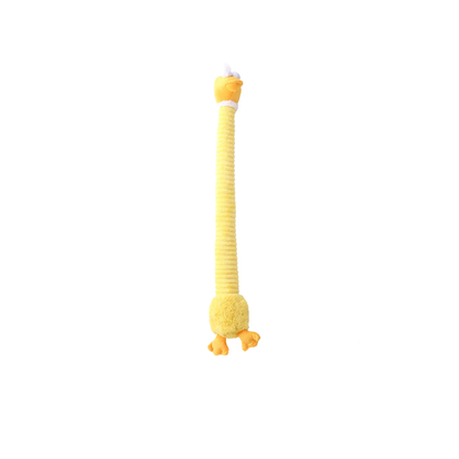 Yellow duck long-neck dog toy, full view