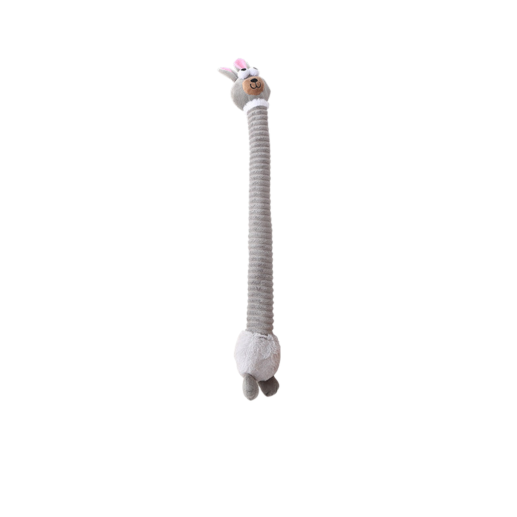 Gray rabbit long-neck dog toy, full view