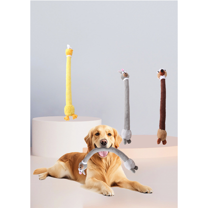 Golden retriever holding a gray rabbit long-neck dog toy with all three styles displayed behind