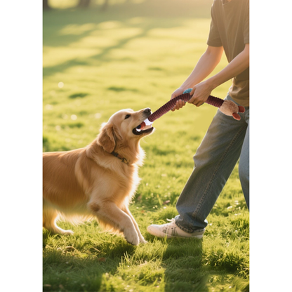 Brown fox long-neck dog toy held between a dog and a person outdoors