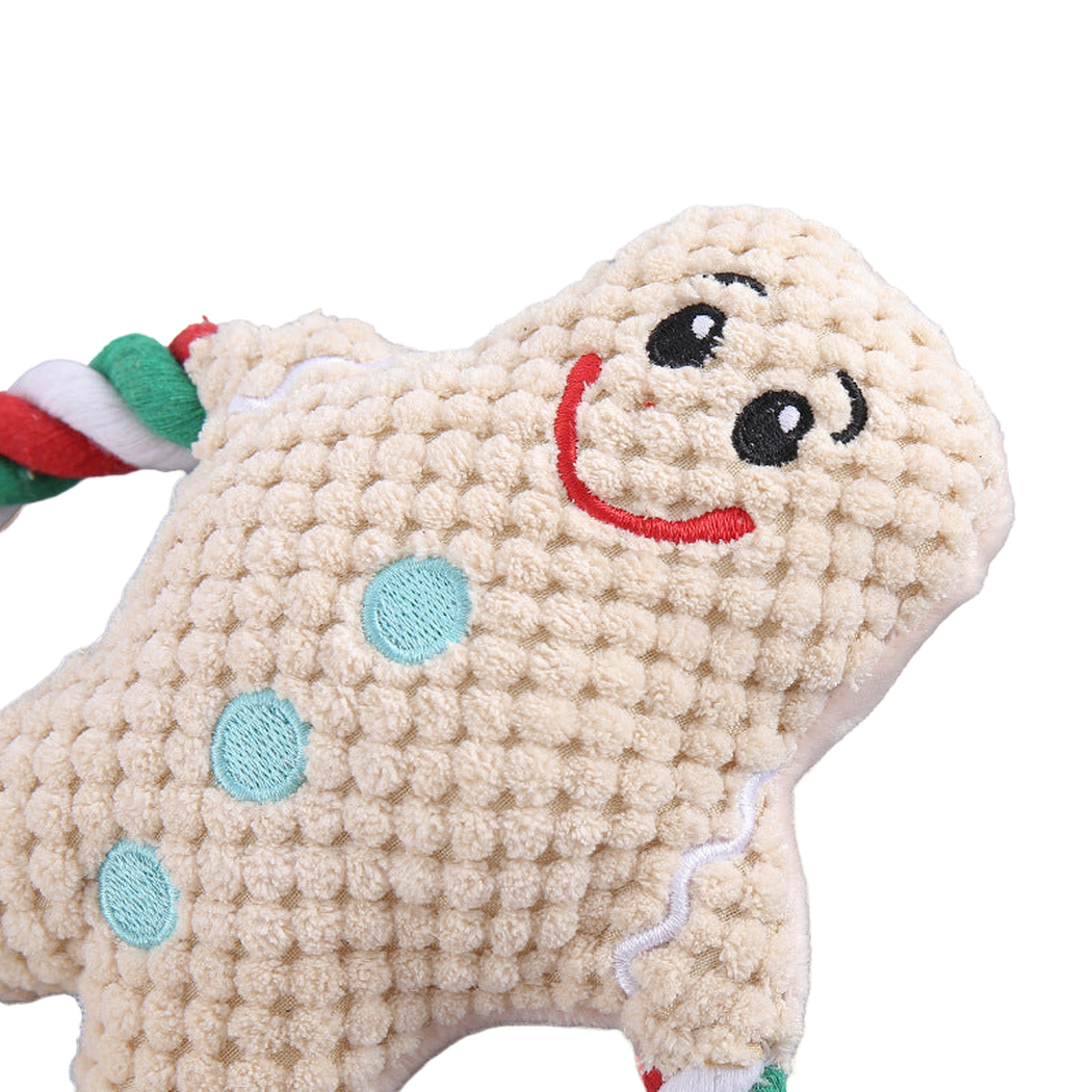 Close-up of the gingerbread character's textured surface and embroidered face