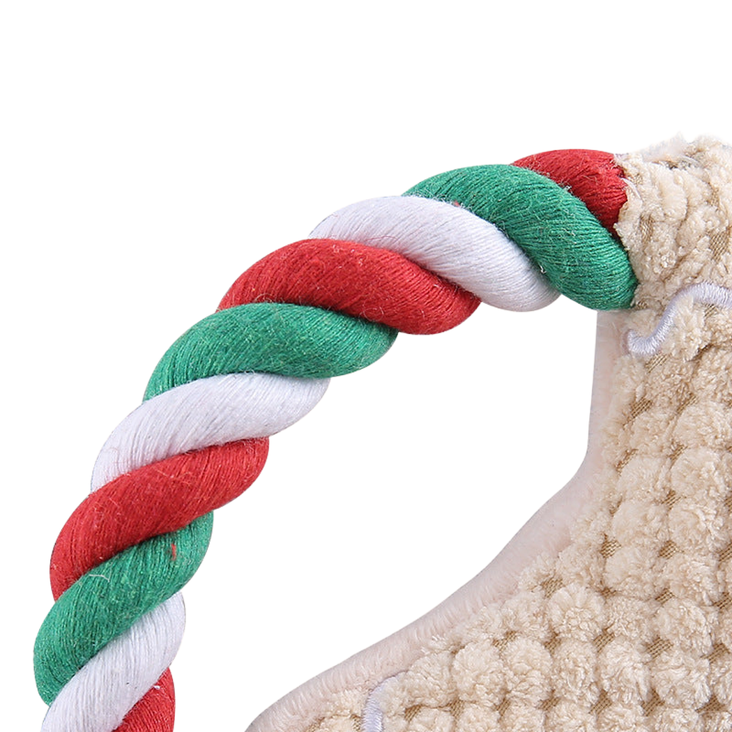 Close-up of the red, green, and white twisted rope loop