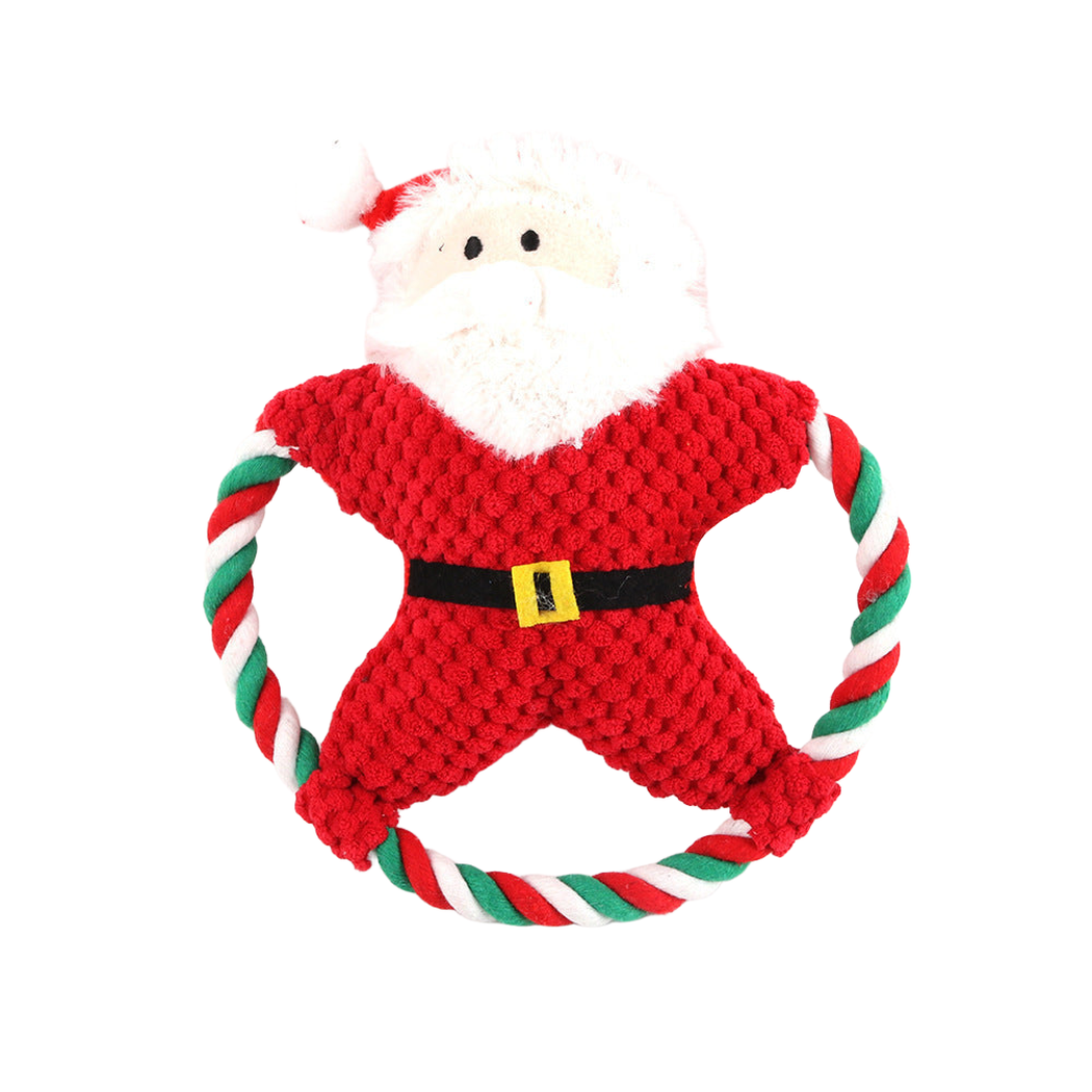 Santa character dog toy with a red, green, and white rope loop, front view