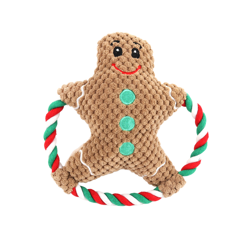 Gingerbread character dog toy with a red, green, and white rope loop, front view