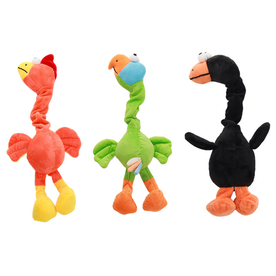 Swan, Parrot and Chick long-neck bird dog toys displayed together