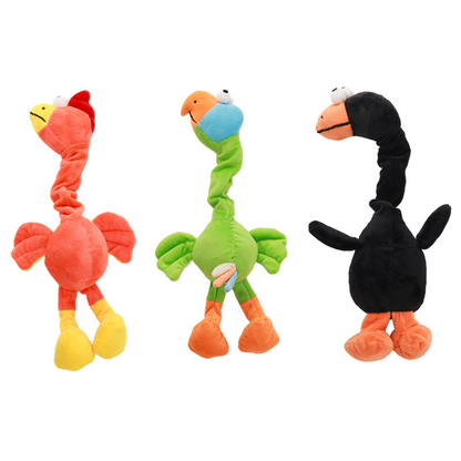 Swan, Parrot and Chick long-neck bird dog toys displayed together