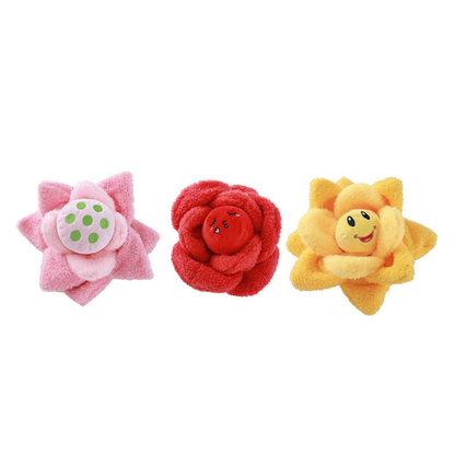 Lotus, Rose, and Sunflower flower-shaped dog toys displayed together