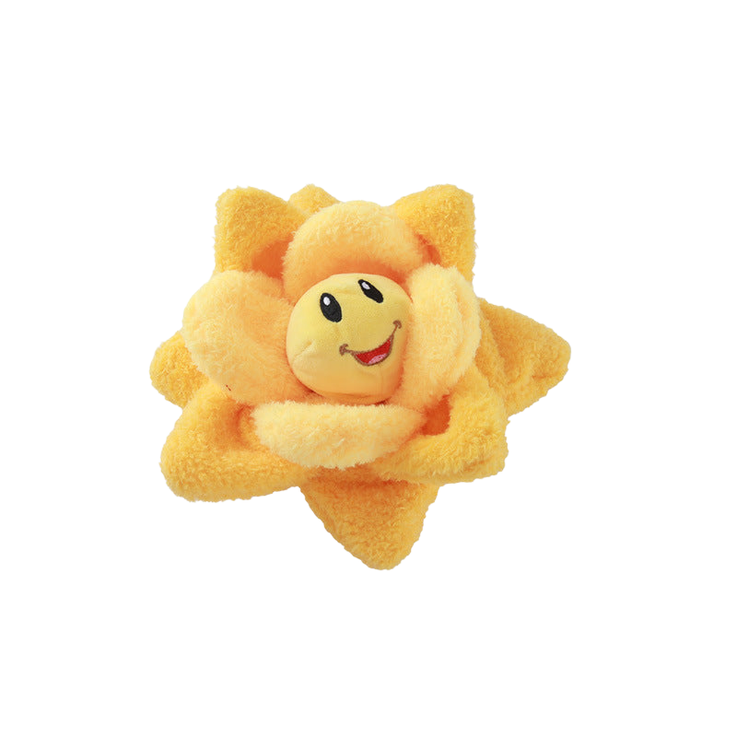 Yellow Sunflower flower-shaped dog toy, front view