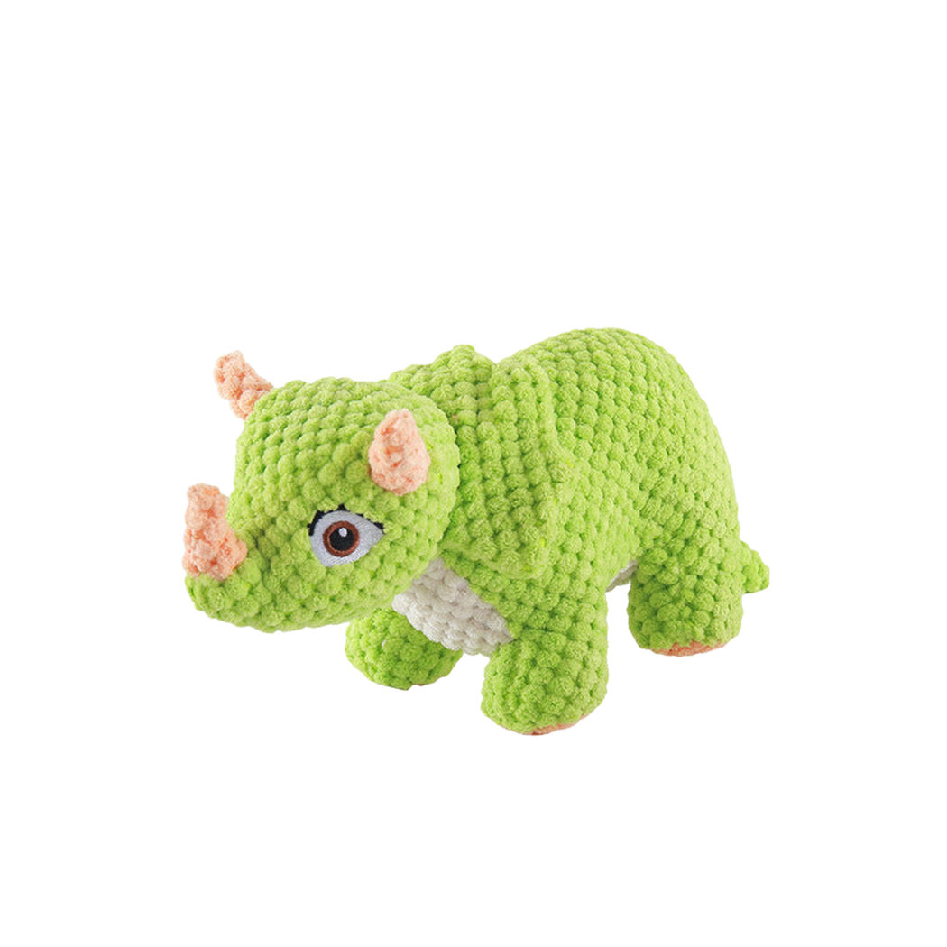 Green three-horn dinosaur dog toy, side view