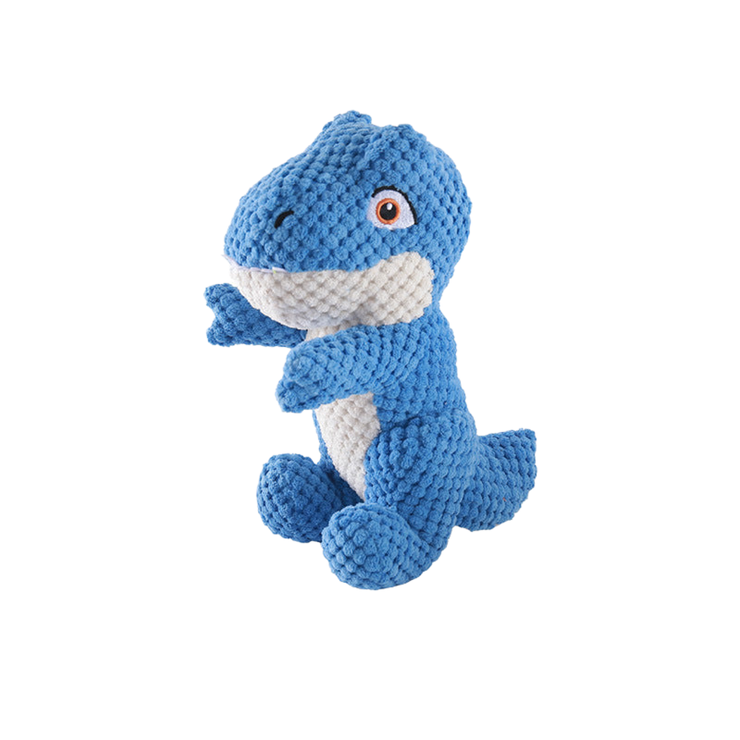 Blue upright dinosaur dog toy, side view