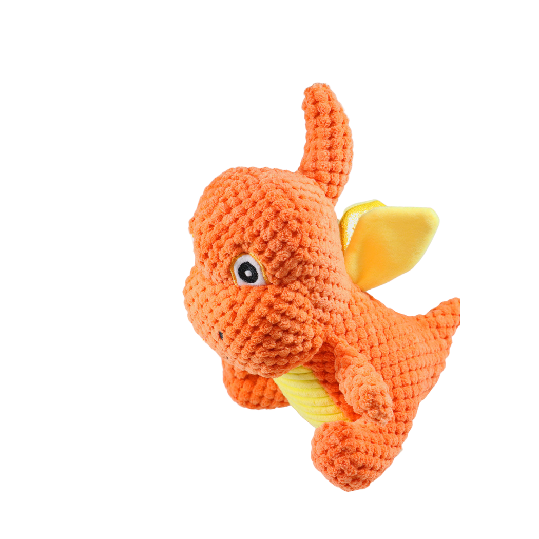 Close-up of the Orange winged dragon dog toy with textured surface and contrasting belly