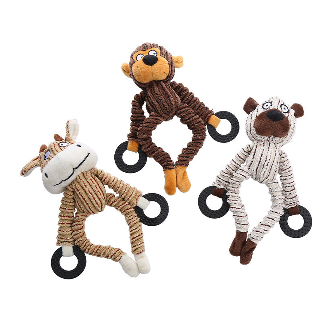 Cow, Monkey and Bear character dog toys displayed together