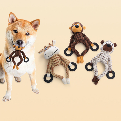 Dog holding a brown Monkey character dog toy with textured rings