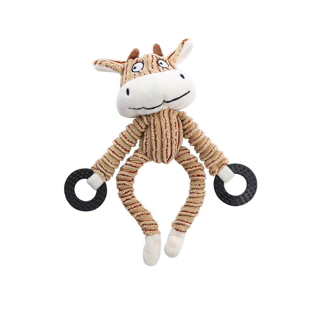 Cow character dog toy with ribbed body and two textured rings