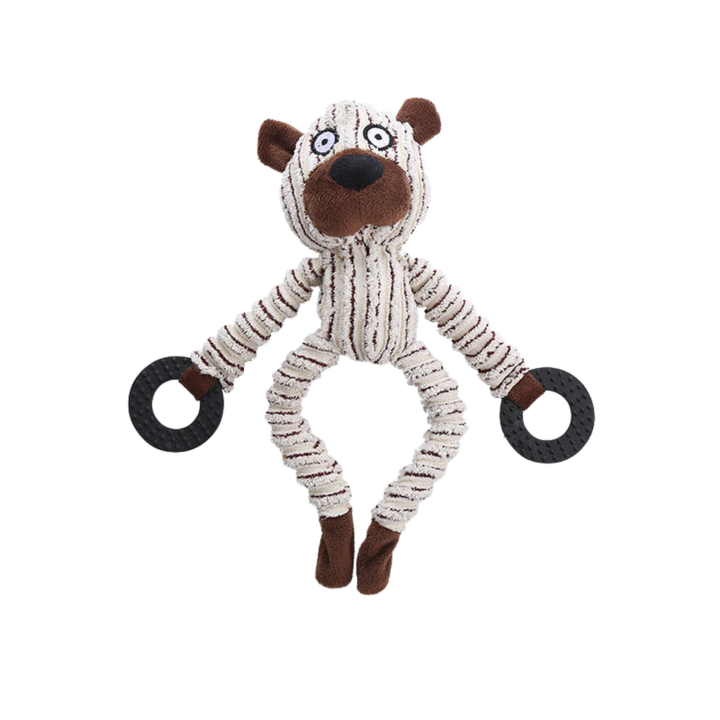 Bear character dog toy with ribbed body and two textured rings