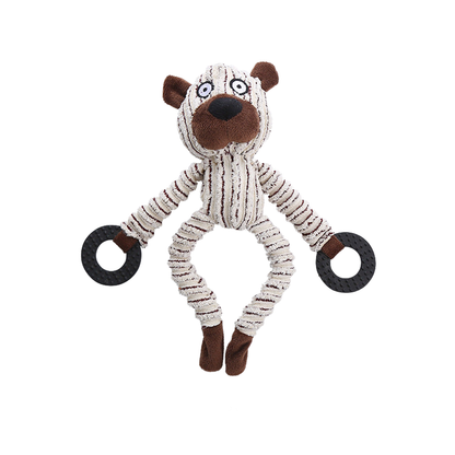 Bear character dog toy with ribbed body and two textured rings