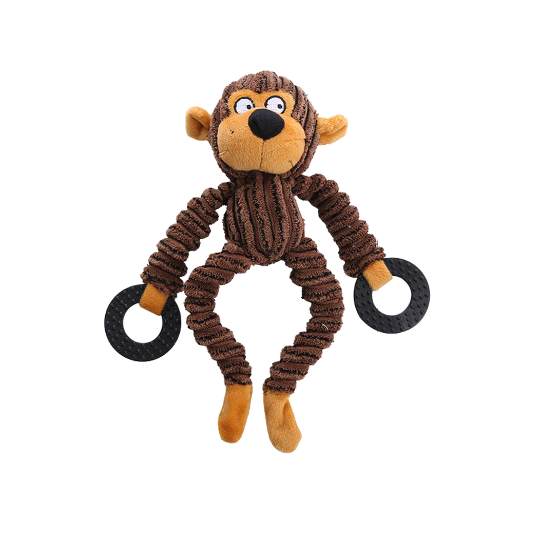 Monkey character dog toy with ribbed body and two textured rings
