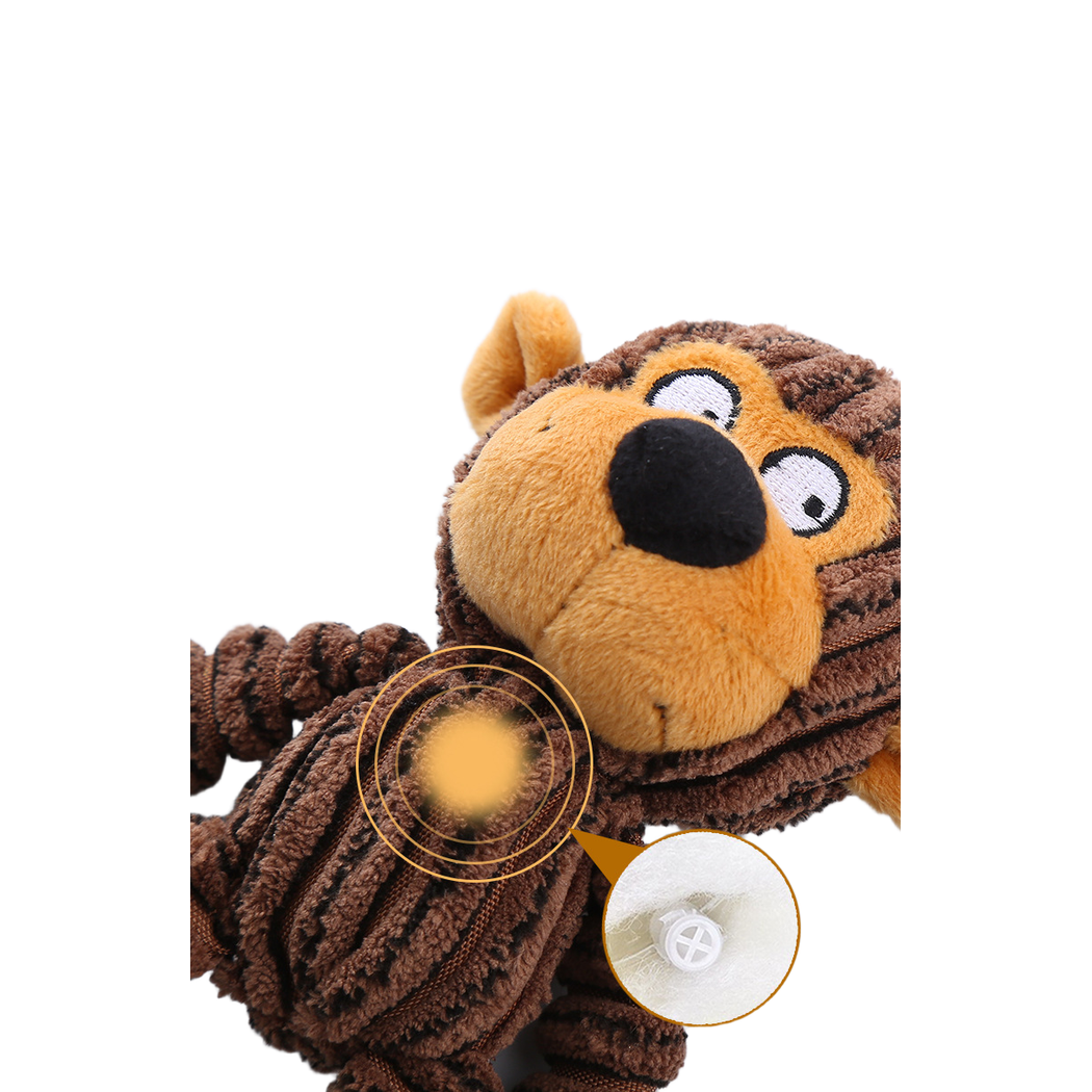 Close-up of the Monkey dog toy face and torso with inset component detail