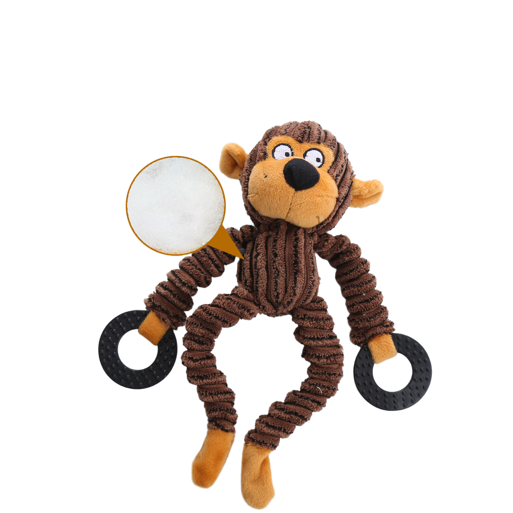Monkey dog toy front view with an inset of the interior filling