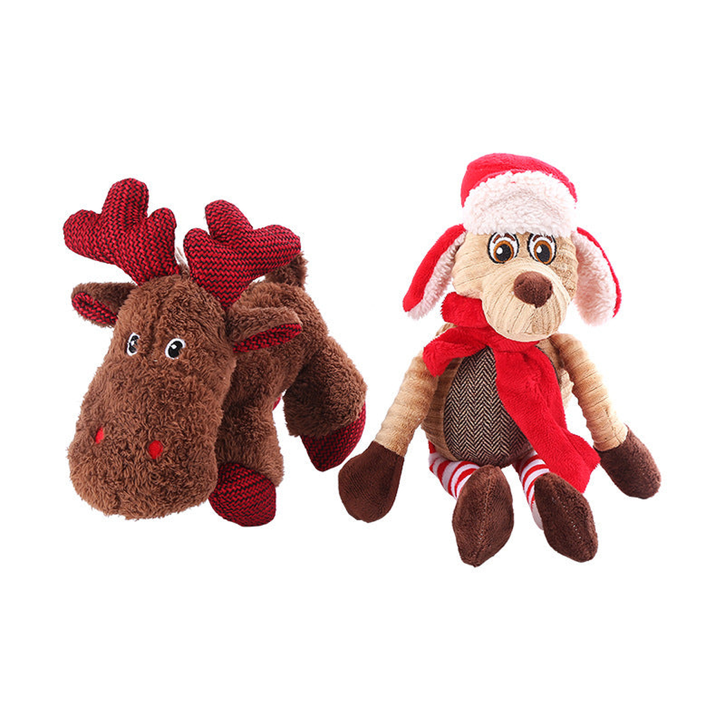 Dog and Reindeer holiday dog toys on a white background