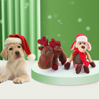 Dog and Reindeer holiday dog toys displayed beside a dog