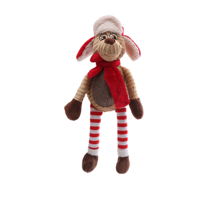 Dog holiday dog toy with Santa hat and striped legs, full view