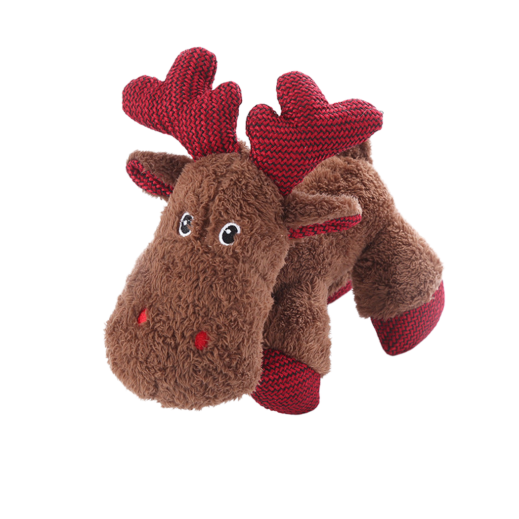 Reindeer holiday dog toy with red antlers, full view