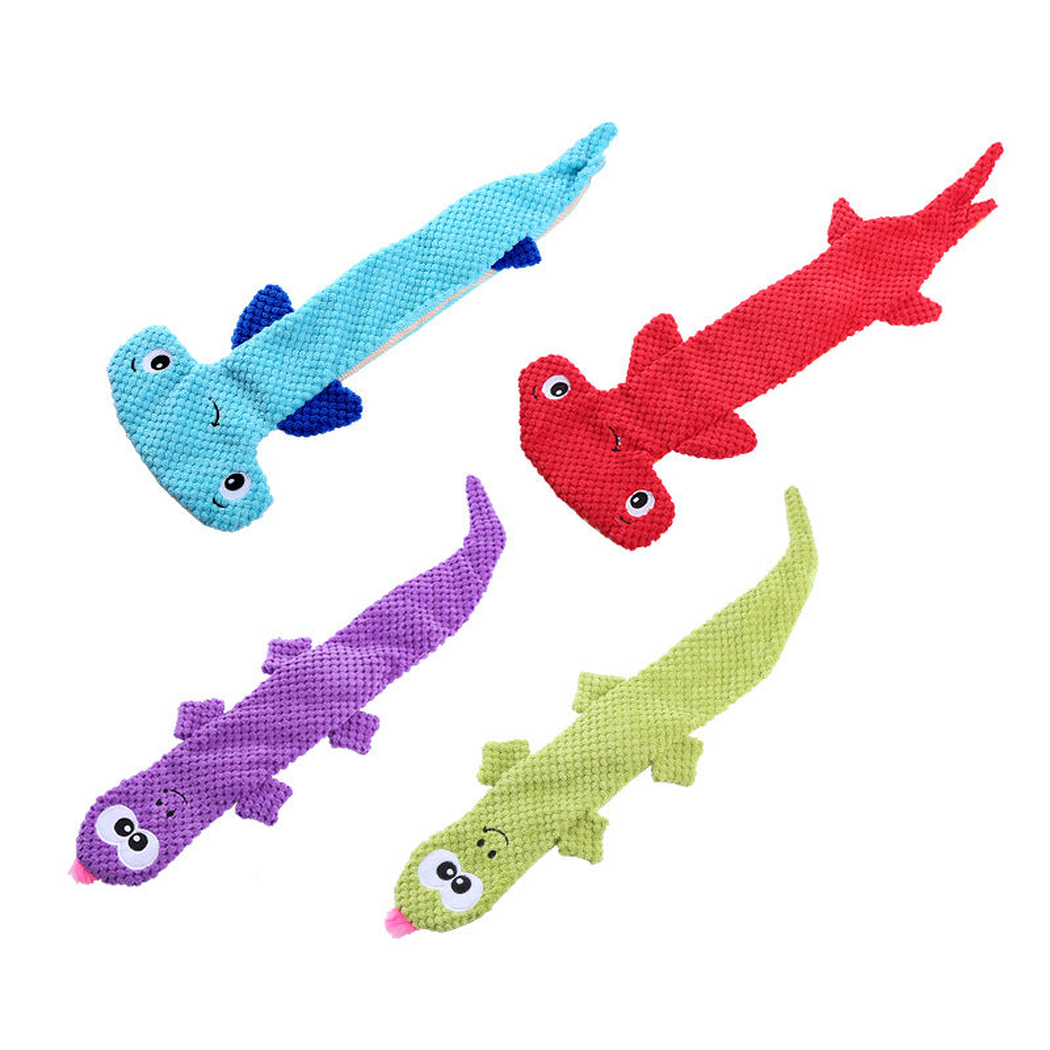 Red, light blue, purple, and green animal-shaped dog toys displayed together
