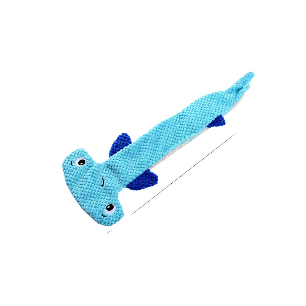 Light blue hammerhead shark dog toy, full view