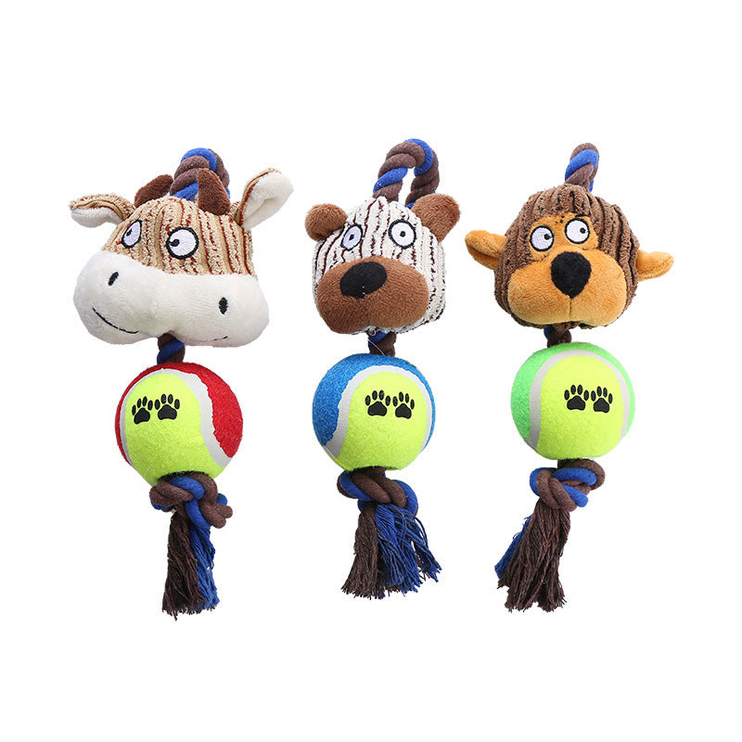 Monkey, bear and cow character rope dog toys displayed together