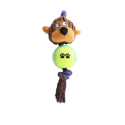 Monkey character rope dog toy with green ball center and tassel, full view