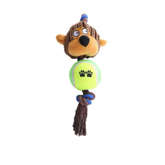 Monkey character rope dog toy with green ball center and tassel, full view