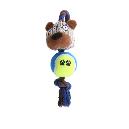 Bear character rope dog toy with blue and green ball center and tassel, full view