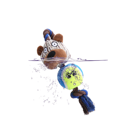 Bear character rope dog toy shown with water splashes