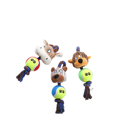 Monkey, bear and cow character rope dog toys arranged together, overhead view