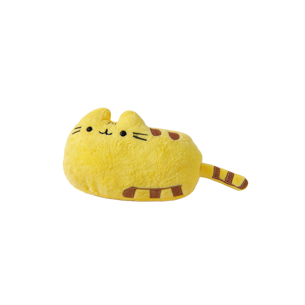 Yellow cat-shaped toy with stitched face and striped tail