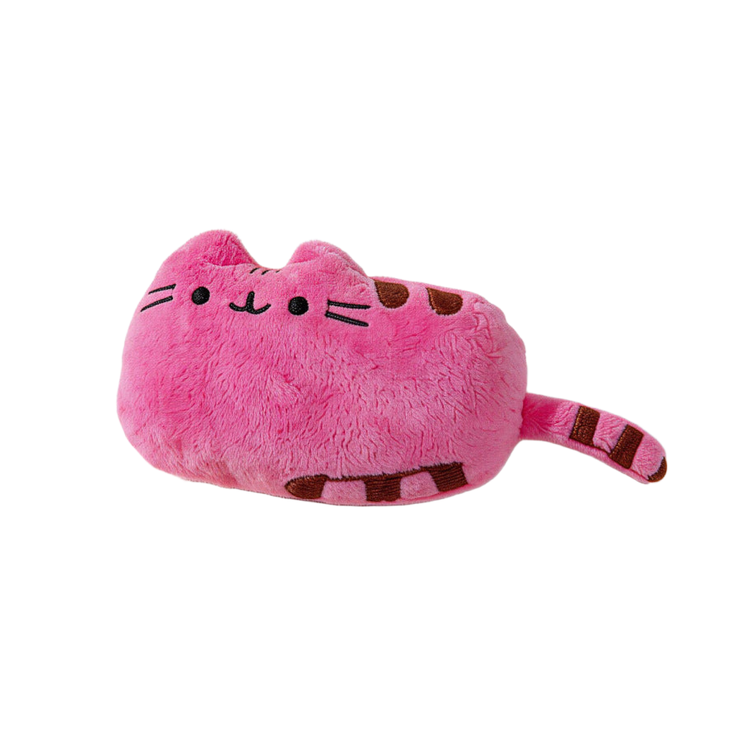 Pink cat-shaped toy with stitched face and striped tail