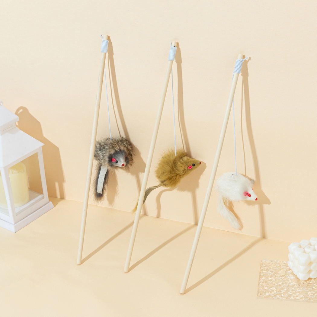 Yellow mouse wand cat toy displayed with gray and white color options