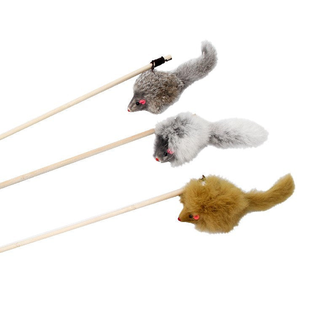 Gray, white and yellow mouse wand cat toys on a white background