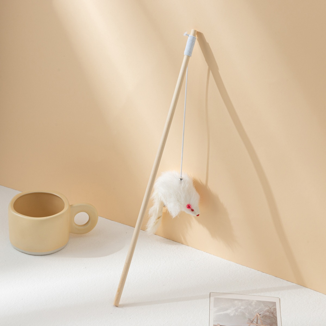 White mouse wand cat toy with a long tail