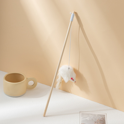 White mouse wand cat toy with a long tail
