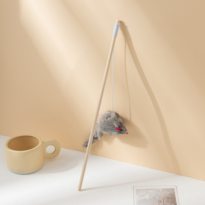 Gray mouse wand cat toy with pink ears and a long tail
