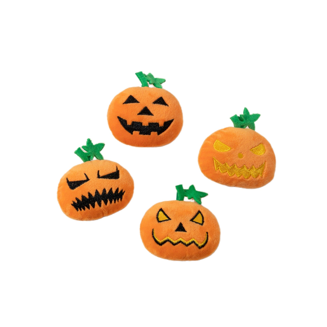 Four orange pumpkin-shaped cat toys with different embroidered jack-o'-lantern faces