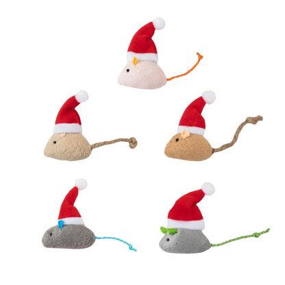 Five mouse-shaped cat toys in Santa hats displayed on a white background