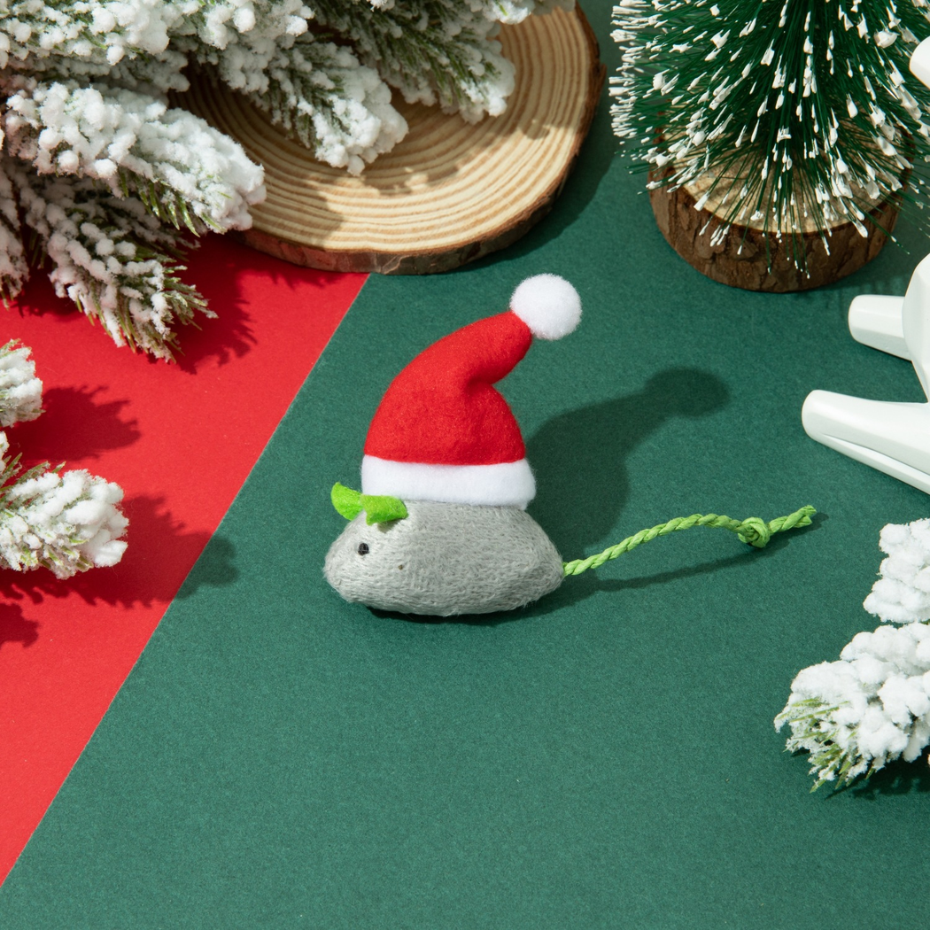 Gray mouse-shaped cat toy with green ear accents, Santa hat and rope tail