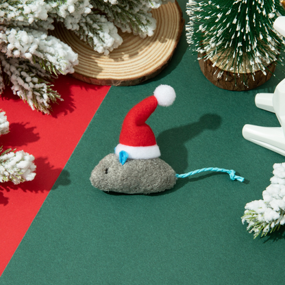 Dark gray mouse-shaped cat toy with blue ear accent, Santa hat and blue rope tail