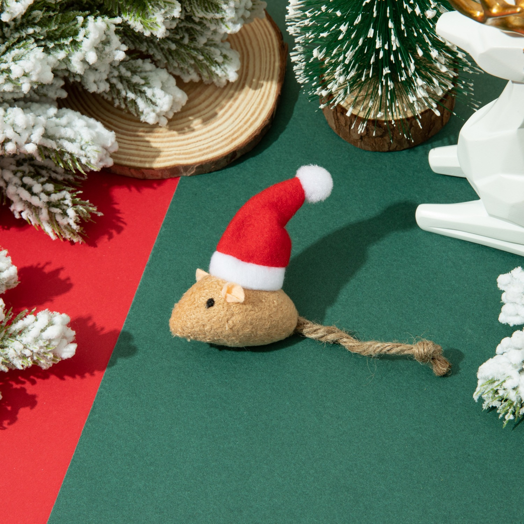 Tan mouse-shaped cat toy with Santa hat and natural-tone rope tail