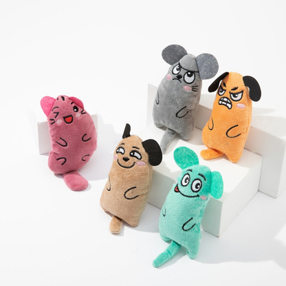 Five colorful character-shaped cat toys displayed together