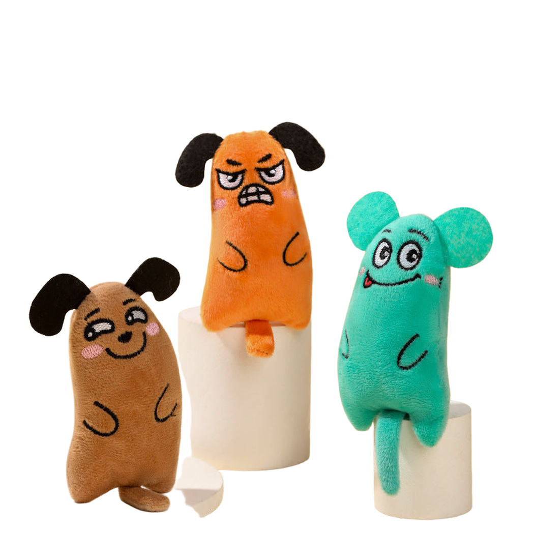 Orange, Camel and Turquoise character-shaped cat toys displayed on pedestals